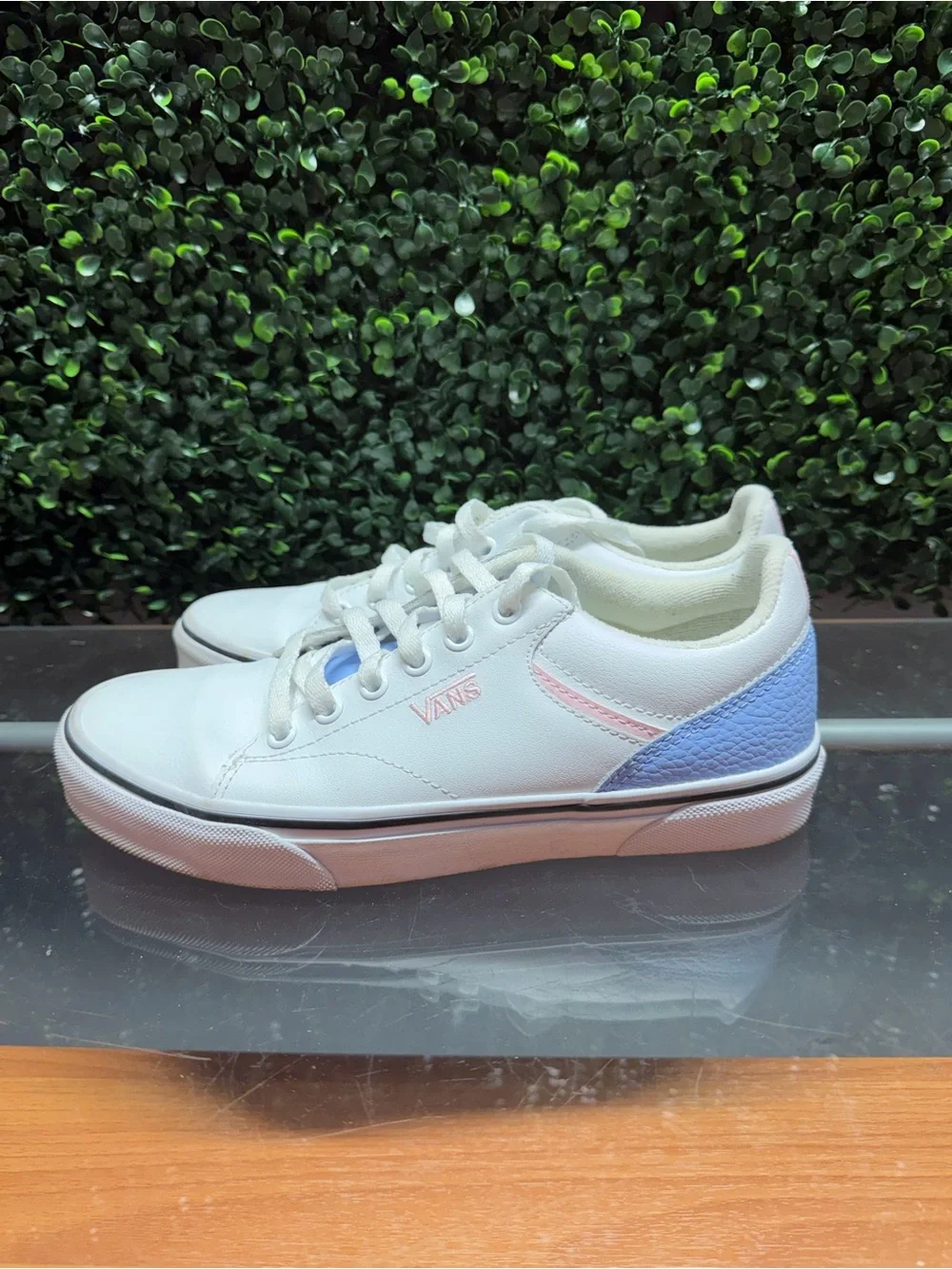 Vans White Low-Top Sneakers with Light Blue Heel & Pink Accent